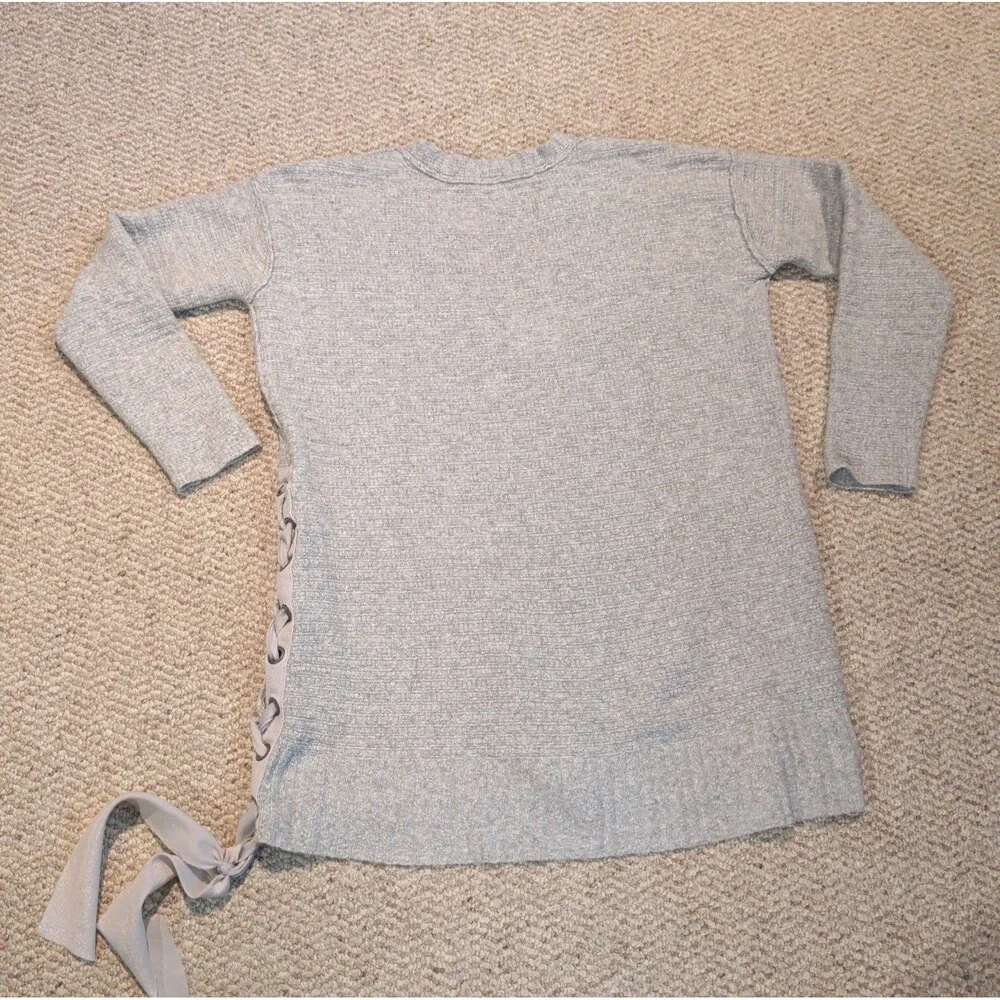 Free People Heart It Lace Up Sweater Womens Small Gray Oversized V Neck